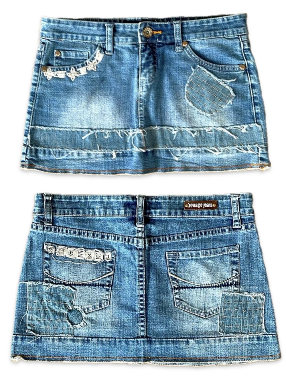 Bonage Jeans Distressed Sequin Denim Mini Skirt Patchwork Low Rise Stretchy 9/10